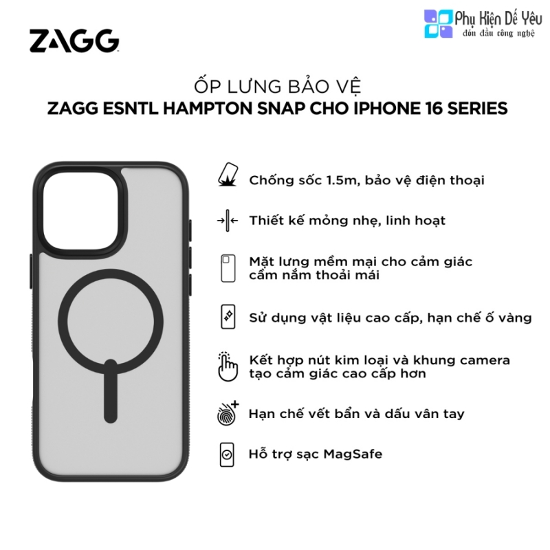 Ốp ZAGG essentials Hampton Snap cho iPhone 16 Pro Max/ 16 Pro/ 16 Plus/ 16