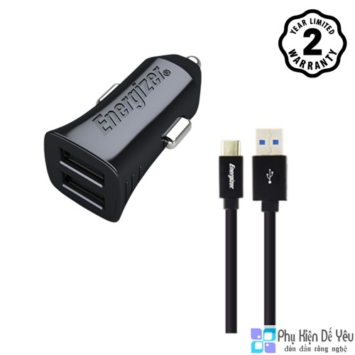 Sạc Ô Tô Energizer DCA2BHC23 - 2 cổng, 12W, Kèm cáp USB-C